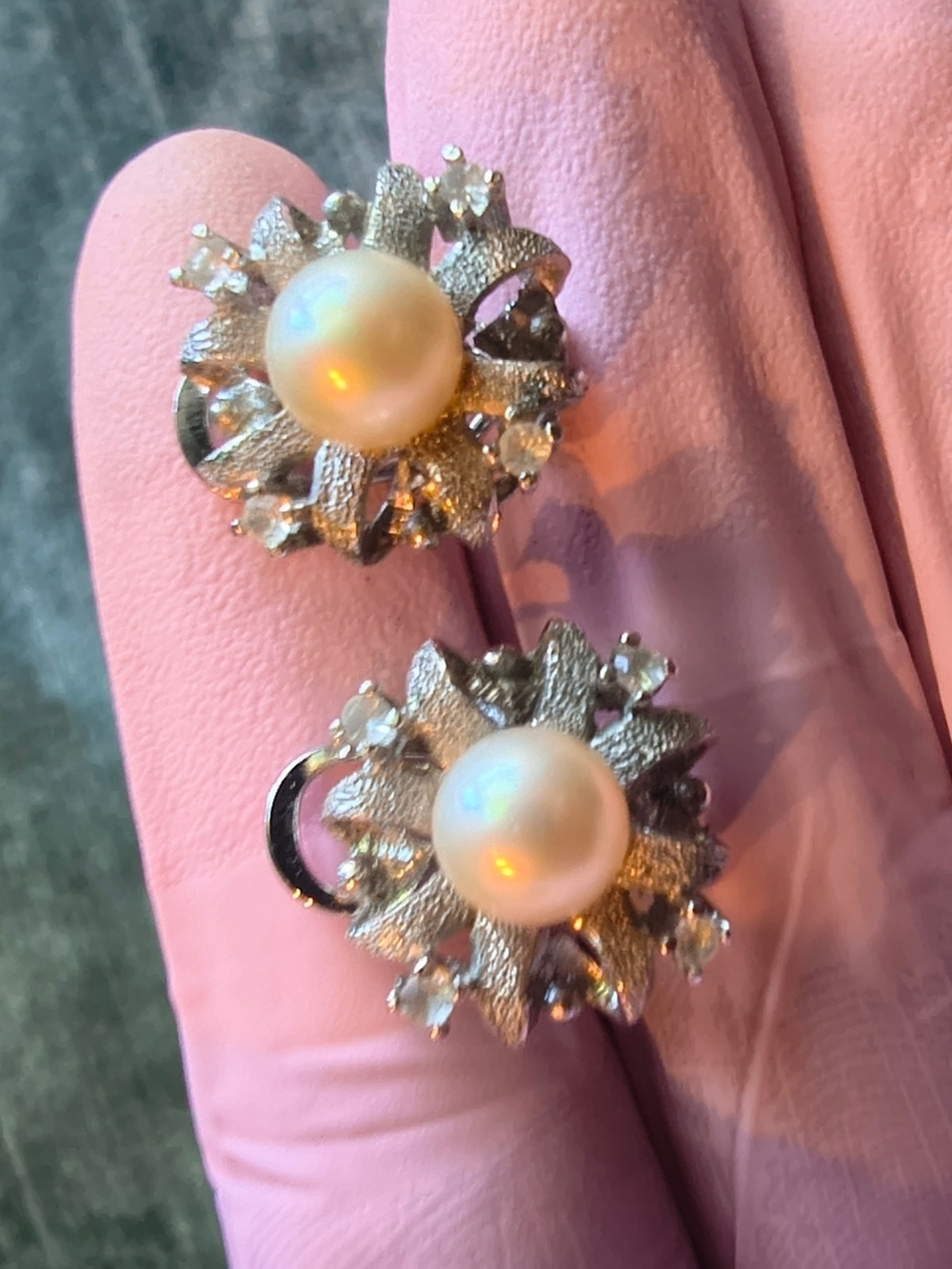 Vintage Earrings Pearl Rhinestone Silver Tone Floral Starburst Unsigned 1950/60s